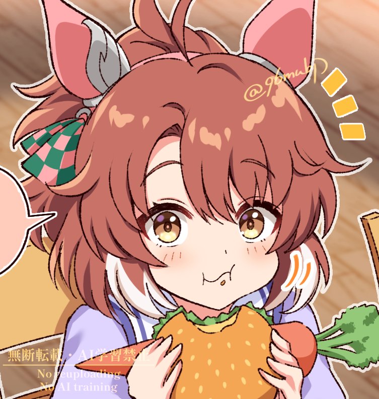 96mubi, dantsu flame (umamusume), umamusume, umamusume: beginning of a new era, 1girl, ahoge, animal ears, blush, bow, brown eyes, brown hair, burger, checkered ribbon, ear covers, ear ornament, ear ribbon, eating, food, hair between eyes, holding, holding burger, holding food, horse ears, horse girl, looking at viewer, multicolored hair, occhahoi, school uniform, shirt, solo, tracen school uniform, watermark, white hair