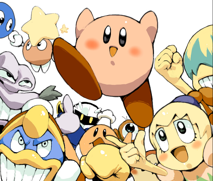 koki (ryoushikiha), bun (kirby), chef kawasaki, escargon, falala, fololo, fumu, fumu (kirby), king dedede, kirby, lalala (kirby), lololo (kirby), meta knight, waddle doo, kawasaki (company), kirby: right back at ya!, kirby (series), nintendo, angry, crazy eyes, hair bun, holding hands, pointing, single eye, smile, star (symbol)
