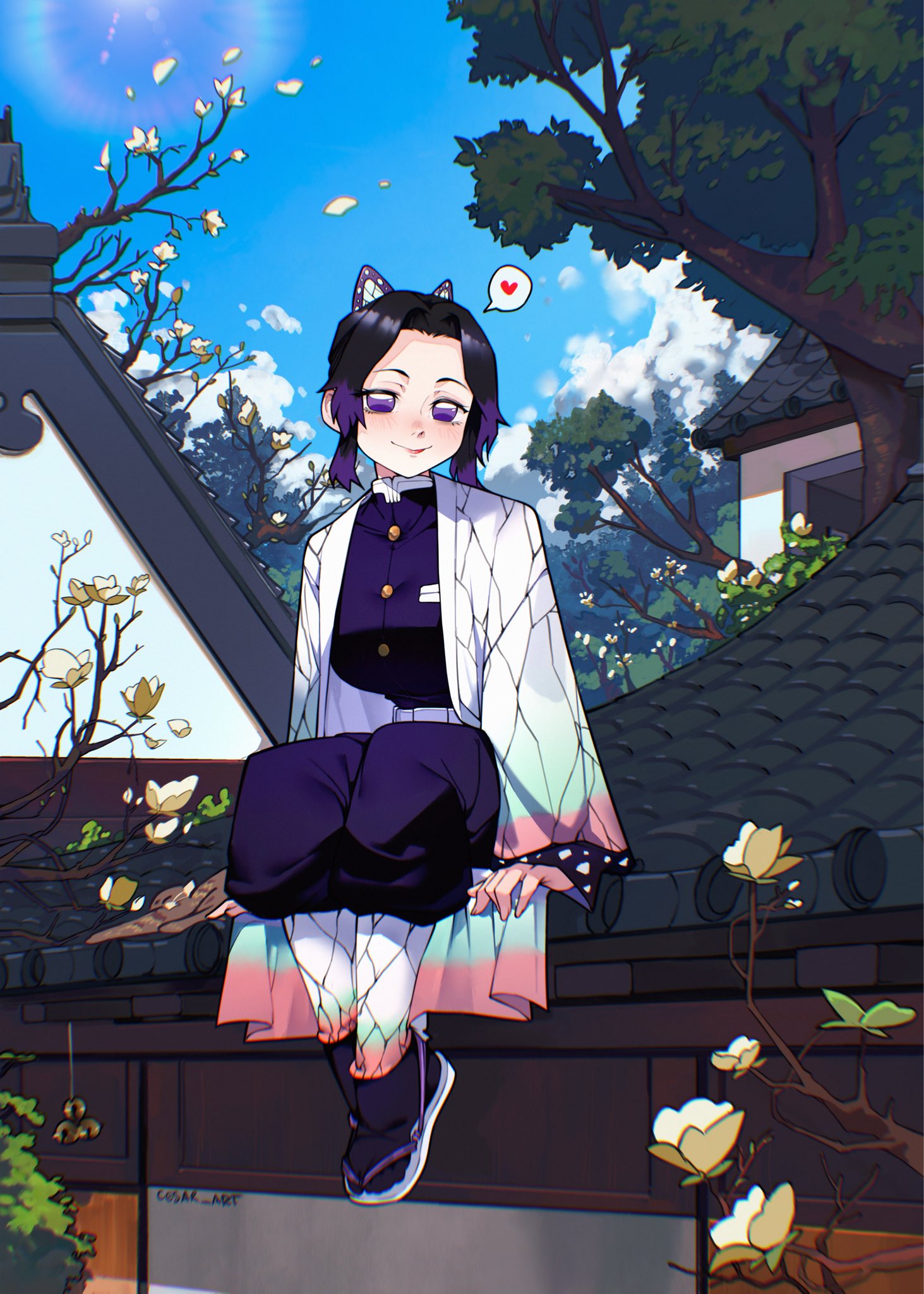 cesar art456, kochou shinobu, kimetsu no yaiba, highres, 1girl, artist name, belt, black hair, butterfly hair ornament, closed mouth, day, hair ornament, haori, heart, japanese clothes, looking at viewer, multicolored hair, outdoors, parted bangs, print haori, purple eyes, purple hair, sitting, sky, smile, solo, spoken heart, tabi, two-tone hair, waraji, white belt