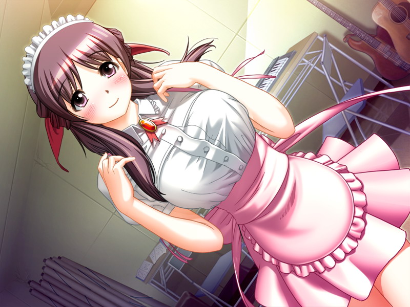 hiide, yuzuki iori, yotsunoha, game cg, 00s, 1girl, acoustic guitar, aqua eyes, blush, bow, breasts, chair, dutch angle, electric guitar, female focus, folding chair, guitar, hair bow, hair ribbon, huge breasts, instrument, keyboard, keyboard (instrument), pink eyes, pink hair, ribbon, smile, solo, waitress