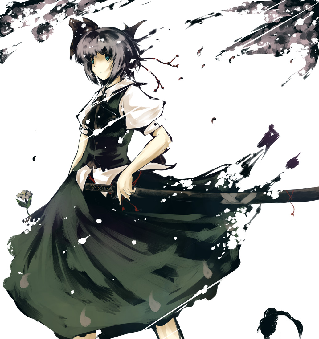 ryuu, ryuu (tsukinoyuki), konpaku youmu, touhou, silver hair, 1girl, dress, female focus, hair ribbon, katana, ribbon, sheath, sheathed, solo, sword, weapon