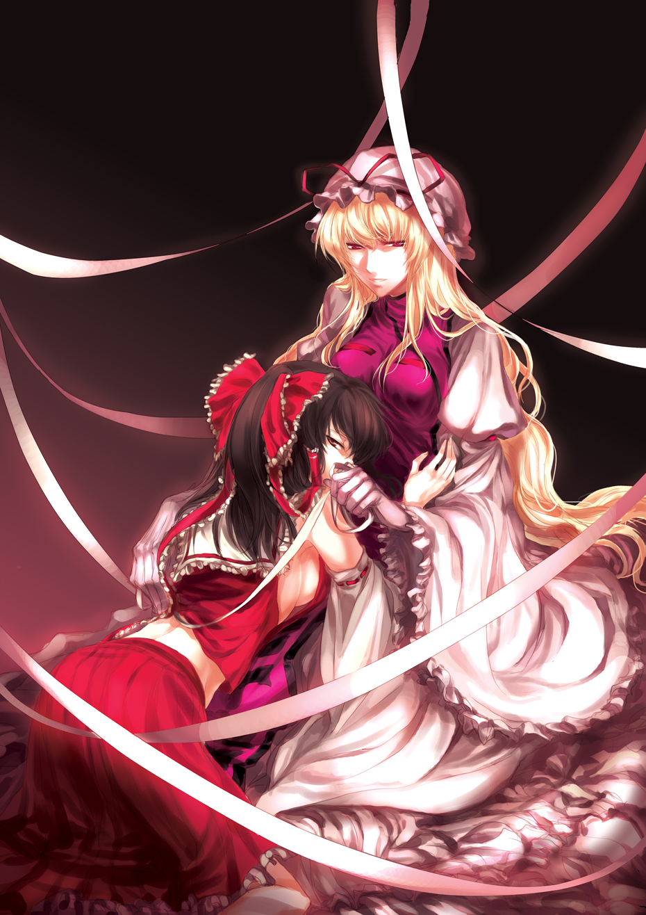 irua, hakurei reimu, yakumo yukari, touhou, hand on shoulder, bad id, bad pixiv id, highres, 2girls, black hair, blonde hair, bow, breasts, brown hair, detached sleeves, dress, female focus, gloves, hair bow, hair ribbon, hat, japanese clothes, kneeling, large breasts, long hair, miko, multiple girls, red eyes, ribbon, sideboob, sitting, underboob, very long hair, yuri