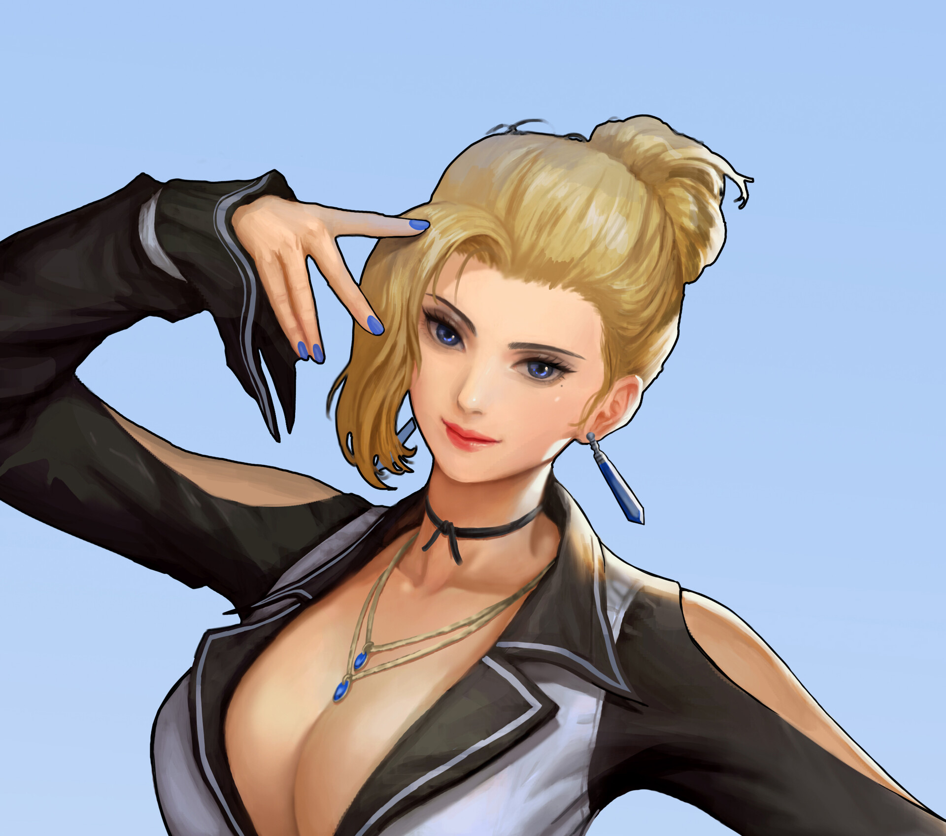 mature (kof), the king of fighters, highres, 1girl, blonde hair, blue eyes, breasts, dress, earrings, female focus, formal clothes, guee jae, gueejae85, hair bun, hand up, huge breasts, jewelry, large breasts, long hair, looking at viewer, mole, mole under eye, pale skin, smile, suit