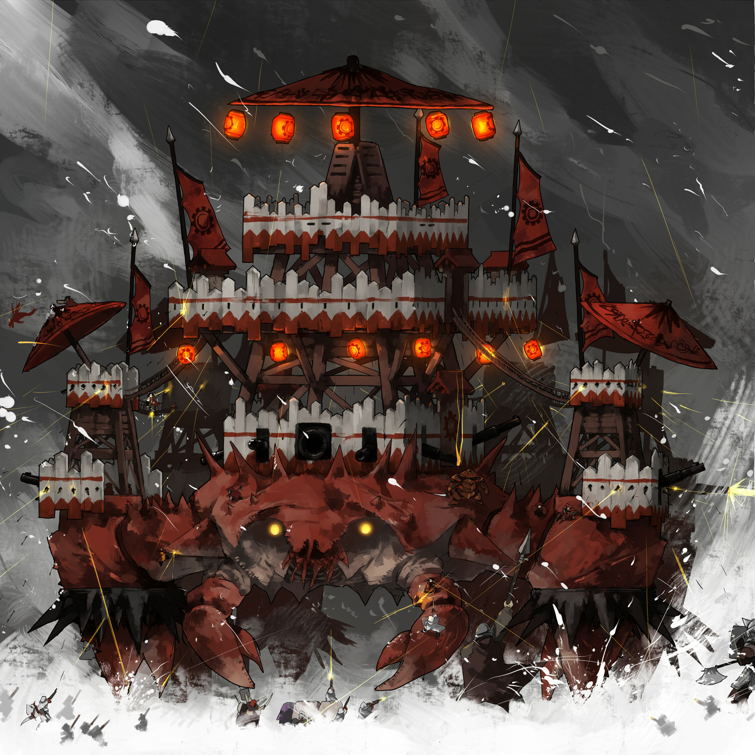 gregorius yamada, giant enemy crab, original, pixiv fantasia, pixiv fantasia 3, highres, 6+boys, akatsuhara empire, animal, axe, banner, battle, cannon, crab, crustacean, gun, lantern, male focus, multiple boys, overcast, oversized animal, paper lantern, parasol, polearm, projectile trail, sky, spear, sword, tower, umbrella, weapon
