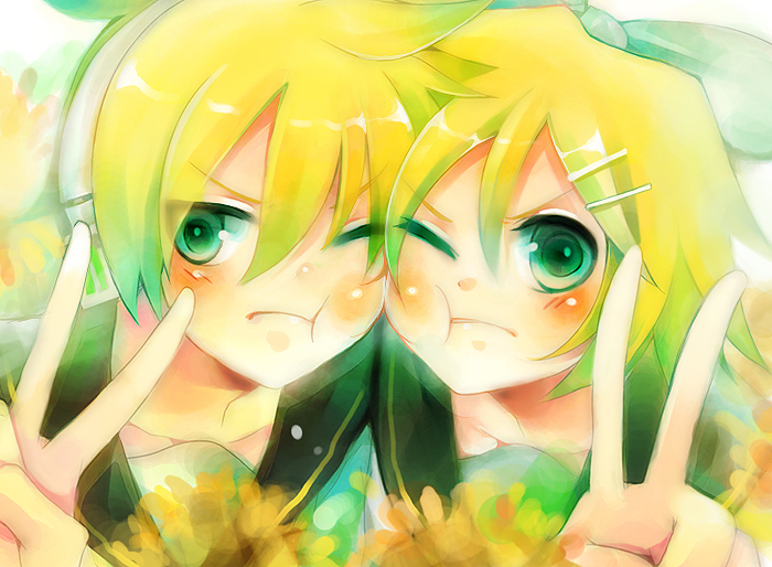 kagamine len, kagamine rin, vocaloid, 1boy, 1girl, brother and sister, one eye closed, siblings, twins, v, wink
