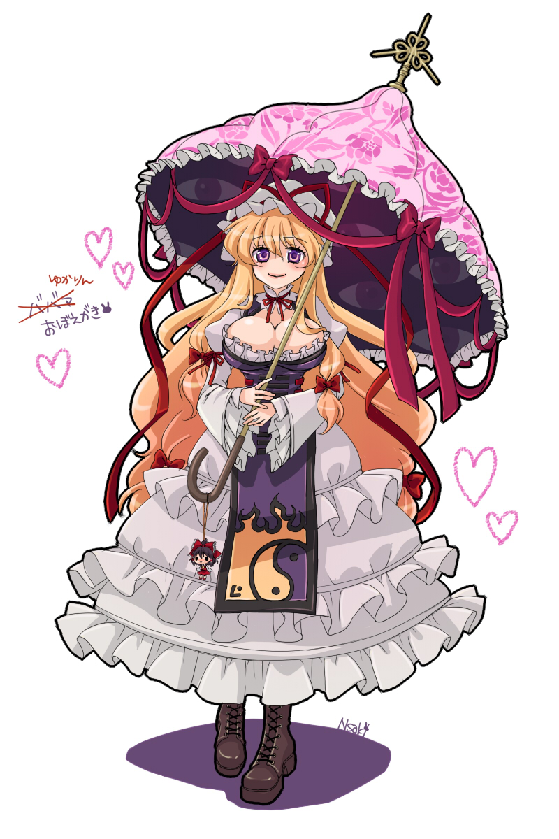 namisaki yuka, hakurei reimu, yakumo yukari, touhou, bad id, bad pixiv id, highres, translated, 1girl, blonde hair, boots, breasts, character doll, cleavage, doll, female focus, hat, large breasts, long hair, purple eyes, solo, umbrella
