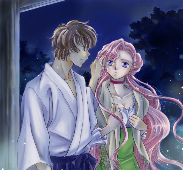 pesu, euphemia li britannia, kururugi suzaku, code geass, bad id, bad pixiv id, 00s, brown hair, donut hair bun, dress, green eyes, hair bun, japanese clothes, long hair, pink hair, purple eyes
