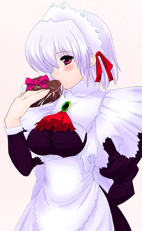 watakinu, kotonomiya yuki, suigetsu, 1girl, female focus, gift, heart, holding, holding gift, maid, maid headdress, solo, valentine