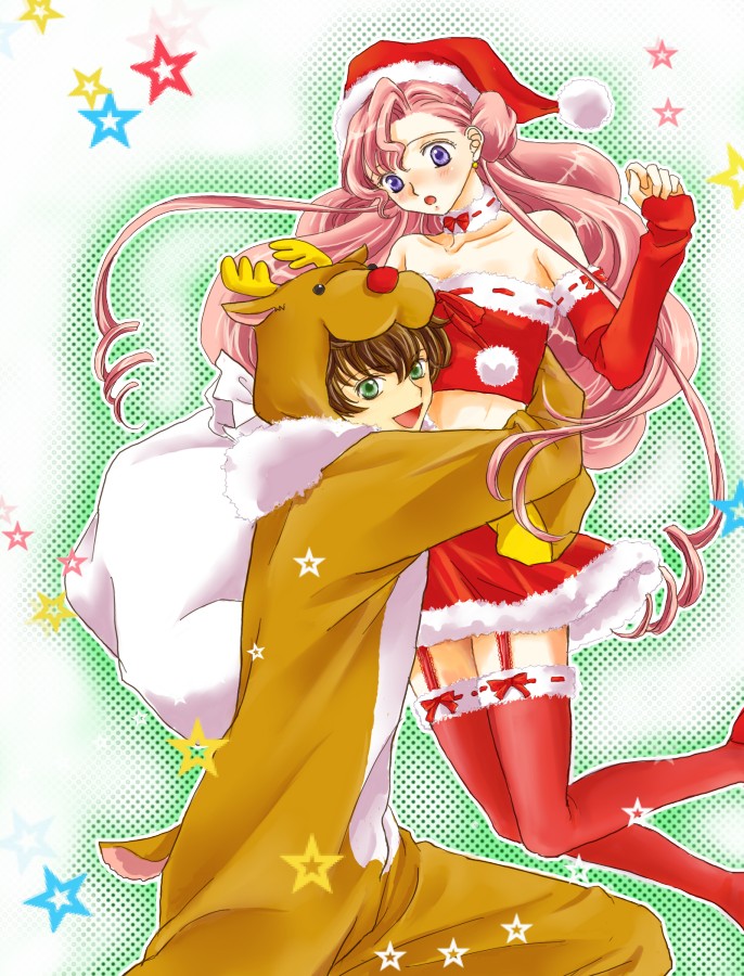 pesu, euphemia li britannia, kururugi suzaku, code geass, bad id, bad pixiv id, 00s, brown hair, choker, christmas, detached sleeves, donut hair bun, earrings, green eyes, hair bun, hat, hug, jewelry, long hair, open mouth, pink hair, purple eyes, reindeer, santa costume, thighhighs, zettai ryouiki