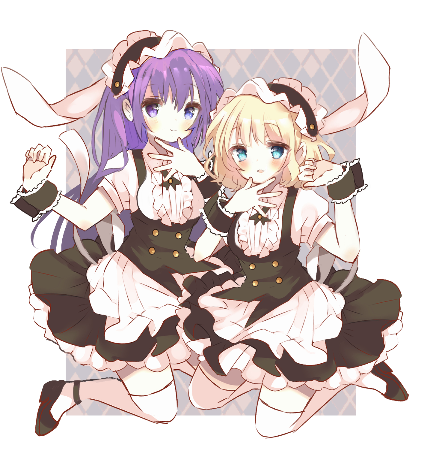 pastelpomi, kirima syaro, tedeza rize, gochuumon wa usagi desu ka?, highres, animal ears, apron, black skirt, blonde hair, blue eyes, blush, closed mouth, floppy ears, frilled apron, frilled cuffs, frilled hairband, frills, hairband, long hair, maid headdress, matching outfits, puffy sleeves, purple eyes, purple hair, rabbit ears, shirt, shoes, skirt, smile, thighhighs, underbust, waist apron, white apron, white shirt