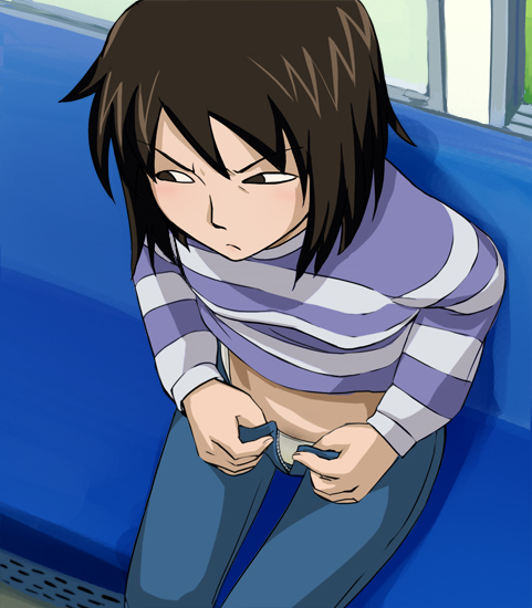 haruyama kazunori, naoe kikuchi, tetsuko no tabi, 00s, 1girl, brown hair, female focus, panties, scowl, solo, underwear, unzipping