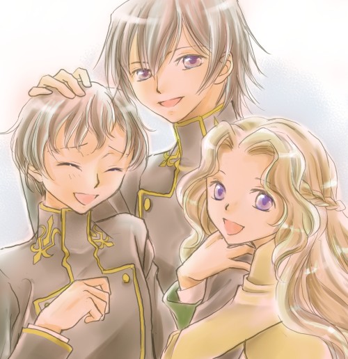pesu, lelouch vi britannia, nunnally vi britannia, rolo lamperouge, code geass, bad id, bad pixiv id, 00s, 1girl, 2boys, arm hug, brown hair, headpat, long hair, multiple boys, purple eyes, school uniform, short hair