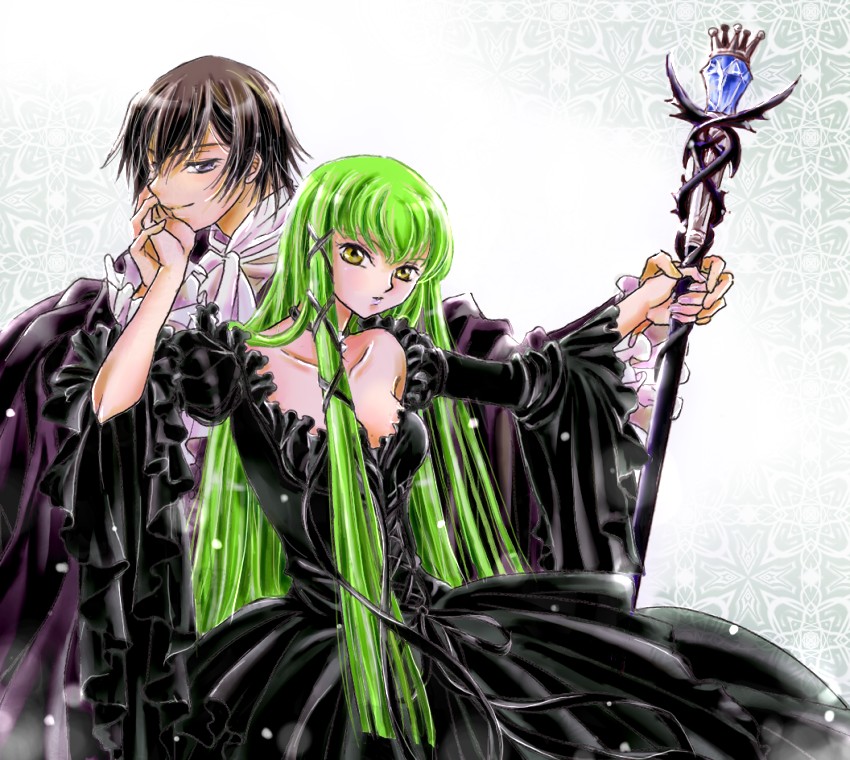 pesu, c.c., lelouch vi britannia, code geass, 00s, black dress, brown hair, dress, green hair, hair ribbon, long hair, purple eyes, ribbon, staff, yellow eyes
