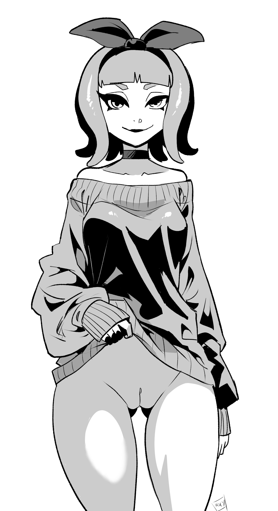 kukuruyo, original, commentary, english commentary, highres, 1girl, bare shoulders, blunt bangs, bottomless, breasts, choker, clothes lift, cowboy shot, gluteal fold, greyscale, hairband, lifting own clothes, medium breasts, monochrome, off-shoulder sweater, off shoulder, pussy, signature, sleeves past wrists, solo, sweater, sweater lift