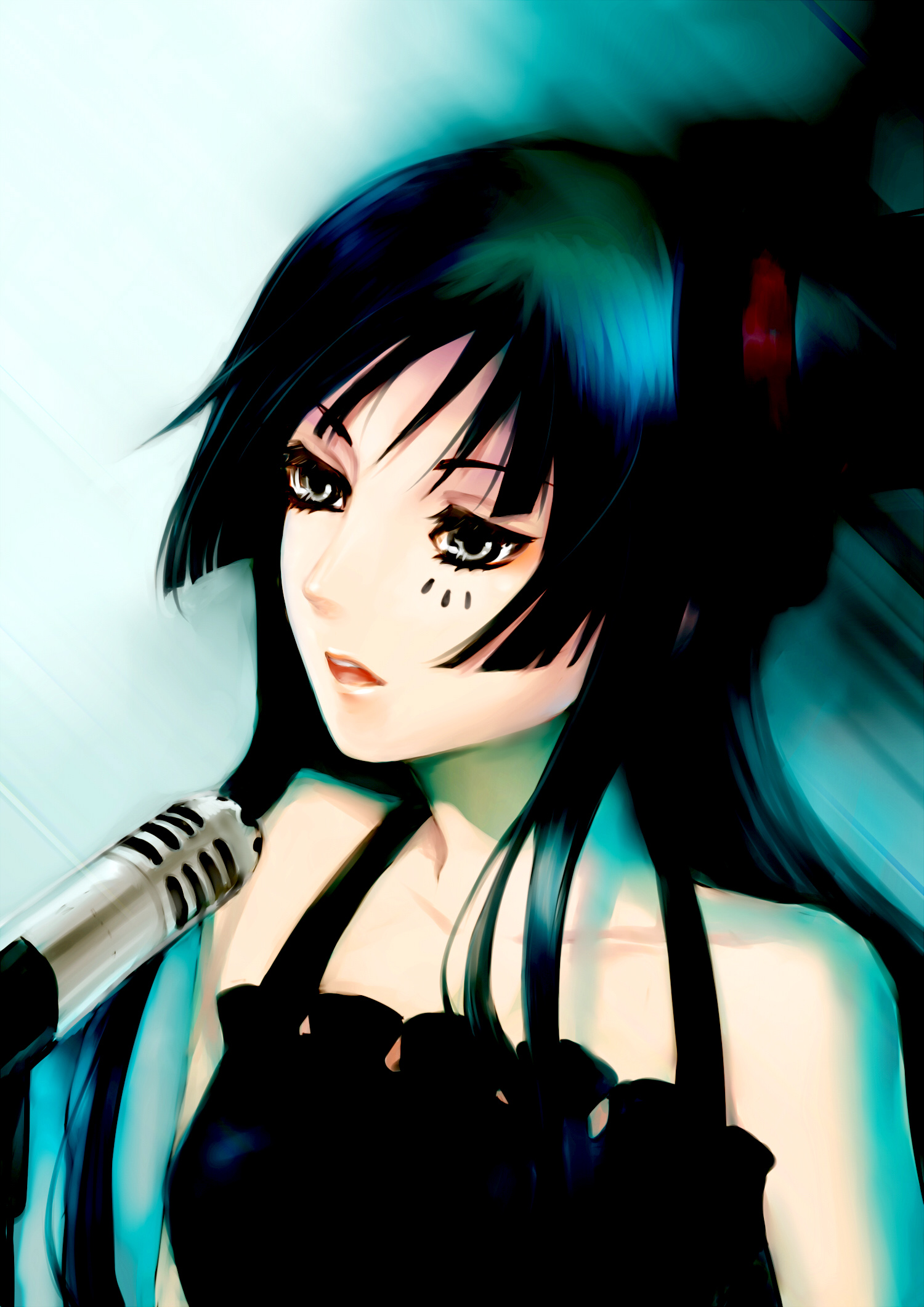ely (eeelyeee), akiyama mio, don't say "lazy", k-on!, bad id, bad pixiv id, highres, 00s, 1girl, bare shoulders, black hair, blunt bangs, dress, facepaint, female focus, grey eyes, hat, hime cut, long hair, microphone, microphone stand, mini hat, mini top hat, music, singing, solo, top hat