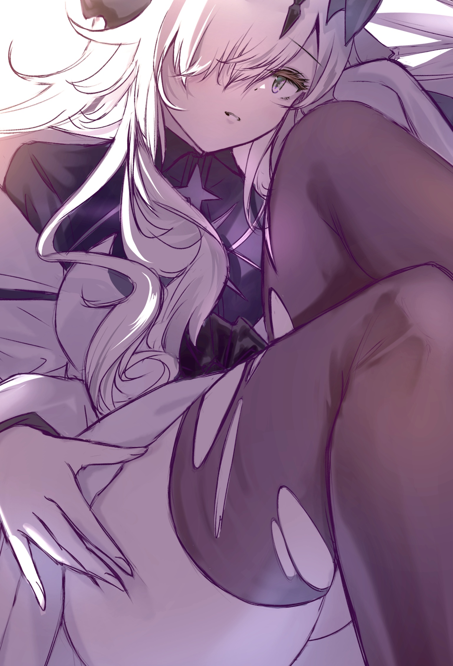 rinereeto, necrass (arknights), arknights, highres, 1girl, black thighhighs, blonde hair, green eyes, hair over one eye, hand on own thigh, looking at viewer, one eye covered, solo, thighhighs, thighs, torn clothes, torn thighhighs