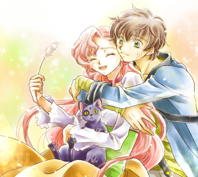 pesu, arthur (code geass), euphemia li britannia, kururugi suzaku, code geass, 00s, 1boy, 1girl, brown hair, cat, cat teaser, closed eyes, green eyes, hetero, hug, pink hair, scratches