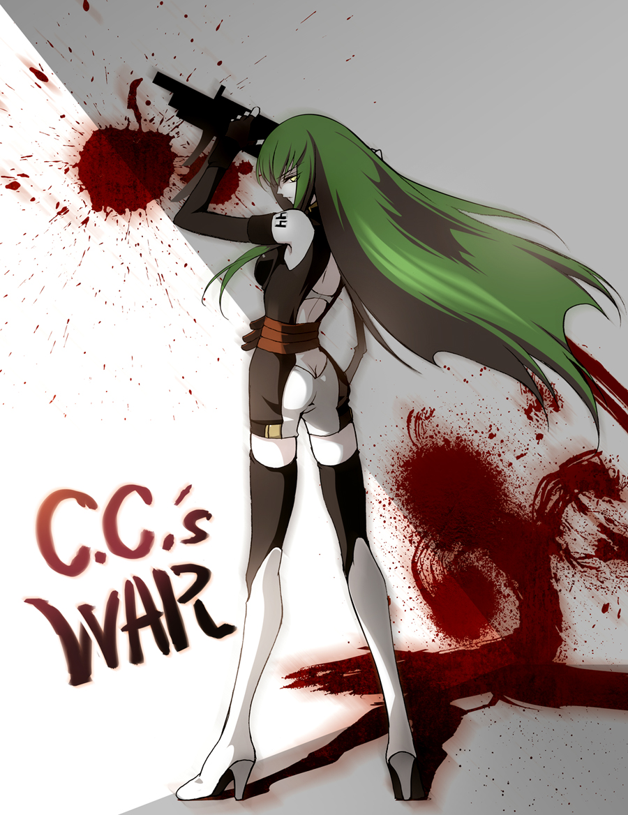 creayus, c.c., code geass, bad id, bad pixiv id, 00s, black thighhighs, blood, boots, butt crack, elbow gloves, fingerless gloves, from behind, gloves, green hair, gun, knee boots, long hair, looking back, shorts, solo, submachine gun, tattoo, text focus, thighhighs, very long hair, weapon, wind, yellow eyes