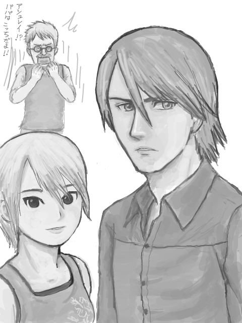kumanda, ashley mizuki robbins, another code, cing, translation request, 1girl, 2boys, greyscale, monochrome, multiple boys
