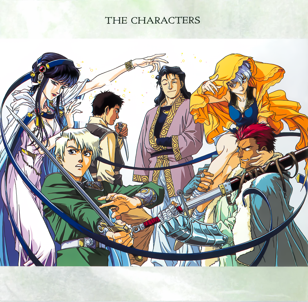 houtani yukitoshi, non-web source, official art, 1990s (style), 2girls, 4boys, black hair, blonde hair, blue hair, bracelet, closed eyes, dark-skinned male, dark skin, fuuin densetsu crystania, grin, holding, holding sword, holding weapon, jewelry, long hair, magic, multiple boys, multiple girls, open mouth, red eyes, retro artstyle, short hair, smile, sword, weapon