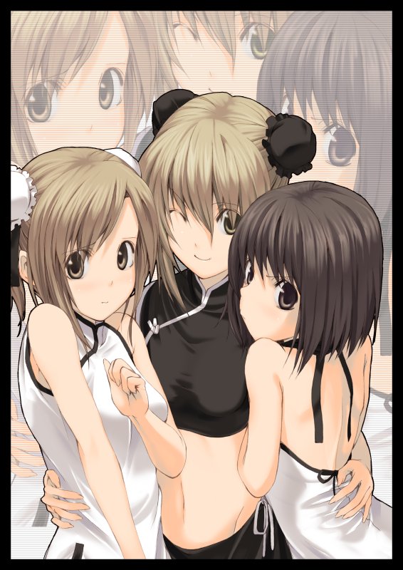 luna (reclaimed land), nijou noriko, satou sei, toudou shimako, maria-sama ga miteru, 00s, 3girls, arm around waist, blonde hair, blue eyes, blush, border, brown hair, bun cover, china dress, chinese clothes, double bun, dress, multiple girls, one eye closed, zoom layer