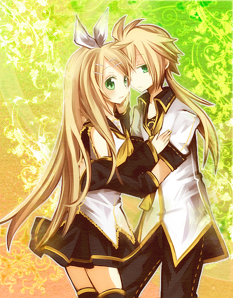 aruya (flosrota), kagamine len, kagamine rin, kagamine rin (future style), vocaloid, non-web source, 1boy, 1girl, aged up, alternate hairstyle, blonde hair, boots, brother and sister, detached sleeves, green eyes, hair ornament, hair ribbon, hairclip, long hair, ribbon, siblings, skirt, thigh boots, thighhighs, twins
