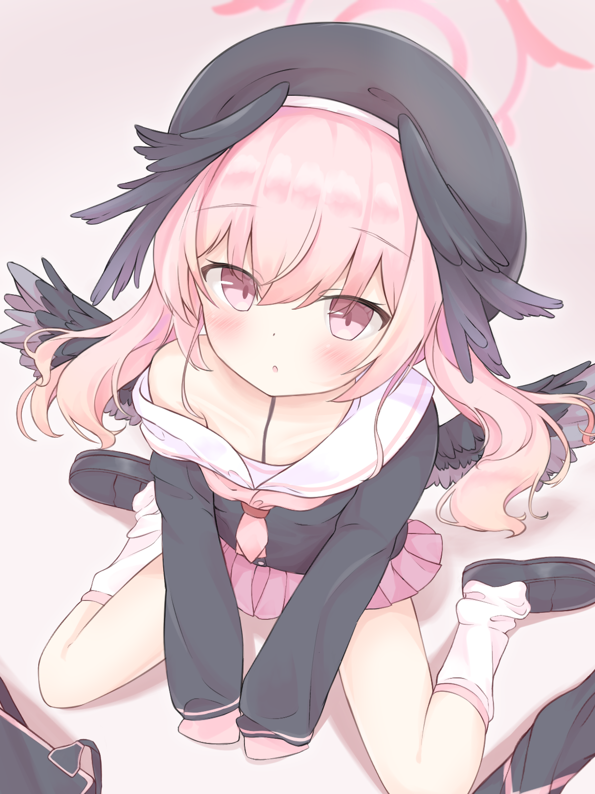 enim, koharu (blue archive), blue archive, highres, beret, black hat, black shirt, black wings, blush, feathered wings, from above, halo, hat, head wings, kneehighs, loafers, long hair, loose socks, low wings, necktie, off shoulder, parted lips, pink eyes, pink hair, pink necktie, pink skirt, pleated skirt, sailor collar, school uniform, shirt, shoes, sitting, skirt, socks, solo, twintails, wariza, white sailor collar, white socks, wings
