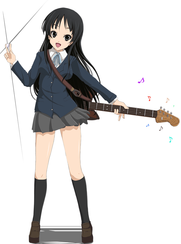 sahare, akiyama mio, k-on!, bad id, bad pixiv id, 00s, 1girl, bass guitar, black eyes, black hair, blunt bangs, female focus, full body, guitar, hime cut, instrument, kneehighs, legs, long hair, musical note, school uniform, simple background, skirt, socks, solo
