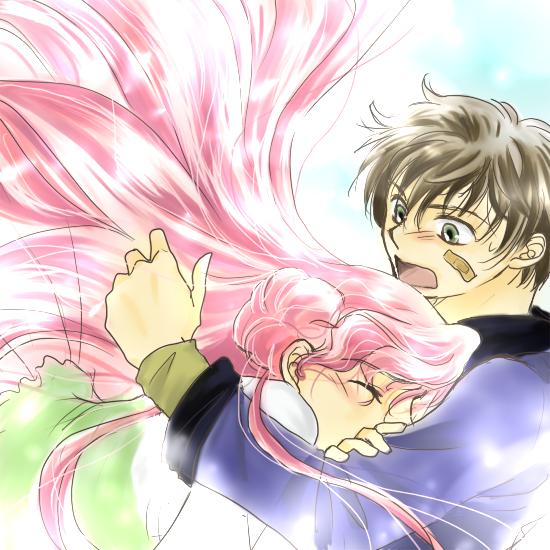 pesu, euphemia li britannia, kururugi suzaku, code geass, bad id, bad pixiv id, 00s, 1boy, 1girl, bandaid, bandaid on face, blush, brown hair, donut hair bun, green eyes, hair bun, hetero, hug, pink hair