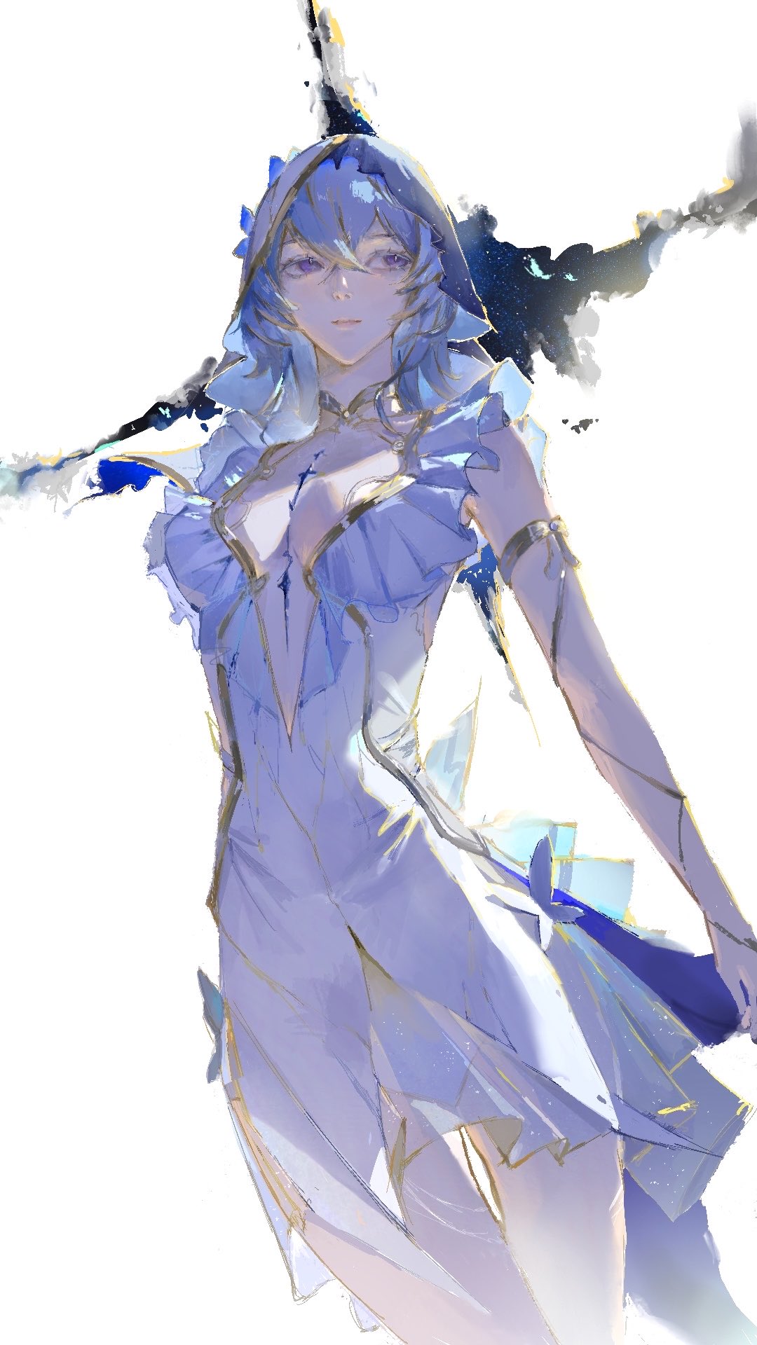 shorekeeper (wuthering waves), wuthering waves, gold armlet, highres, 1girl, armlet, backlighting, bare arms, blue hair, breasts, breasts apart, chest tattoo, closed mouth, cowboy shot, crossed bangs, double-parted bangs, dress, expressionless, facing viewer, frilled dress, frills, gusoyugo, jewelry, looking to the side, medium breasts, medium hair, nose, painterly, plunging neckline, purple eyes, short dress, simple background, sleeveless, sleeveless dress, solo, standing, tattoo, thigh gap, veil, white background, white dress, white veil