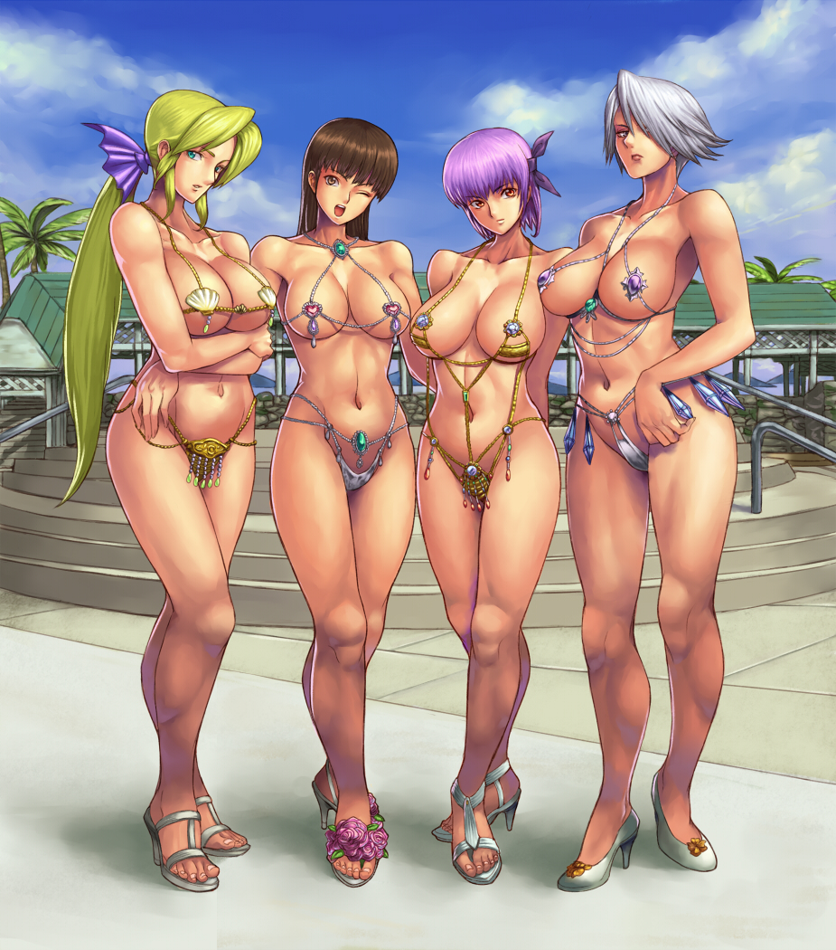 ibanen, ayane (doa), christie (doa), helena douglas, lei fang, dead or alive, dead or alive xtreme, dead or alive xtreme beach volleyball, tecmo, breast hold, white footwear, bad id, bad pixiv id, 4girls, abs, arms behind back, arthemis bikini, artistic error, bad anatomy, bad leg, bare legs, bare shoulders, bikini, blonde hair, blue eyes, bow, breasts, brown eyes, brown hair, cleavage, cloud, coconut tree, crossed arms, curvy, day, everyone, facing viewer, feet, female focus, fortune bikini, full body, godfather bikini, hair bow, high heels, large breasts, legs, lineup, long hair, looking at viewer, medium breasts, micro bikini, midriff, multiple girls, navel, no socks, one eye closed, open mouth, open shoes, outdoors, palm tree, ponytail, poorly drawn, pumps, purple hair, red eyes, revealing clothes, sandals, shell, shell bikini, shoes, short hair, sky, smile, standing, swimsuit, thighs, toes, tree, venus bikini, white hair, wink