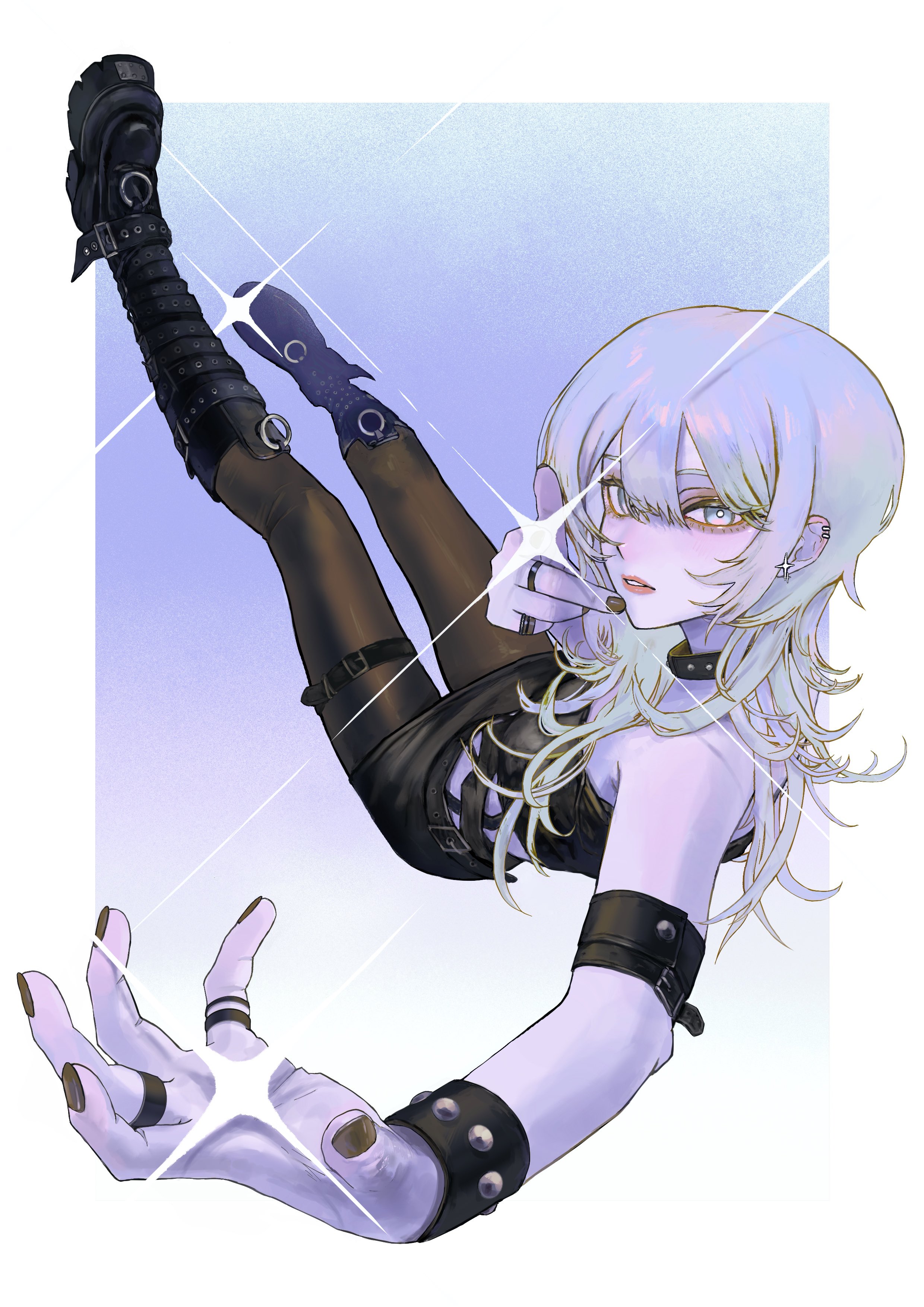 lui n24, original, absurdres, commentary, english commentary, highres, 1girl, bare shoulders, belt boots, black boots, black choker, black nails, black pantyhose, black skirt, black tube top, blue eyes, blue hair, boots, border, bracelet, breasts, bright pupils, choker, earclip, earrings, eyelashes, eyeshadow, full body, gradient background, gradient hair, hair between eyes, jewelry, knee boots, long hair, looking at viewer, makeup, middle finger, multicolored hair, multiple rings, outside border, pantyhose, parted lips, pointing, pointing at viewer, purple background, purple hair, red lips, ring, skirt, small breasts, solo, sparkle, star (symbol), star earrings, strapless, studded bracelet, studded choker, thigh strap, tube top, white border, white pupils
