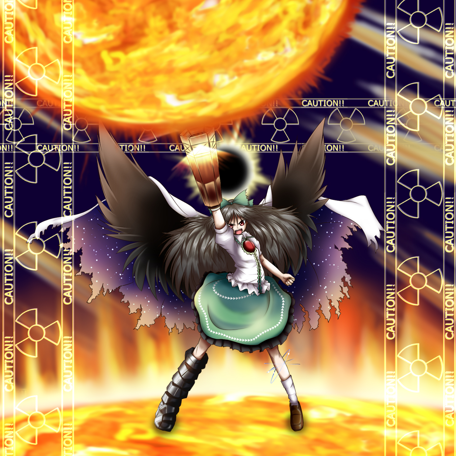 masu shu, reiuji utsuho, touhou, highres, 1girl, asymmetrical clothes, asymmetrical footwear, black hair, female focus, fire, mismatched footwear, nuclear weapon, radiation symbol, solo, sun, wings