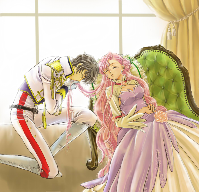 pesu, euphemia li britannia, kururugi suzaku, code geass, 00s, brown hair, donut hair bun, dress, hair bun, kneeling, long hair, military, military uniform, pink hair, sleeping