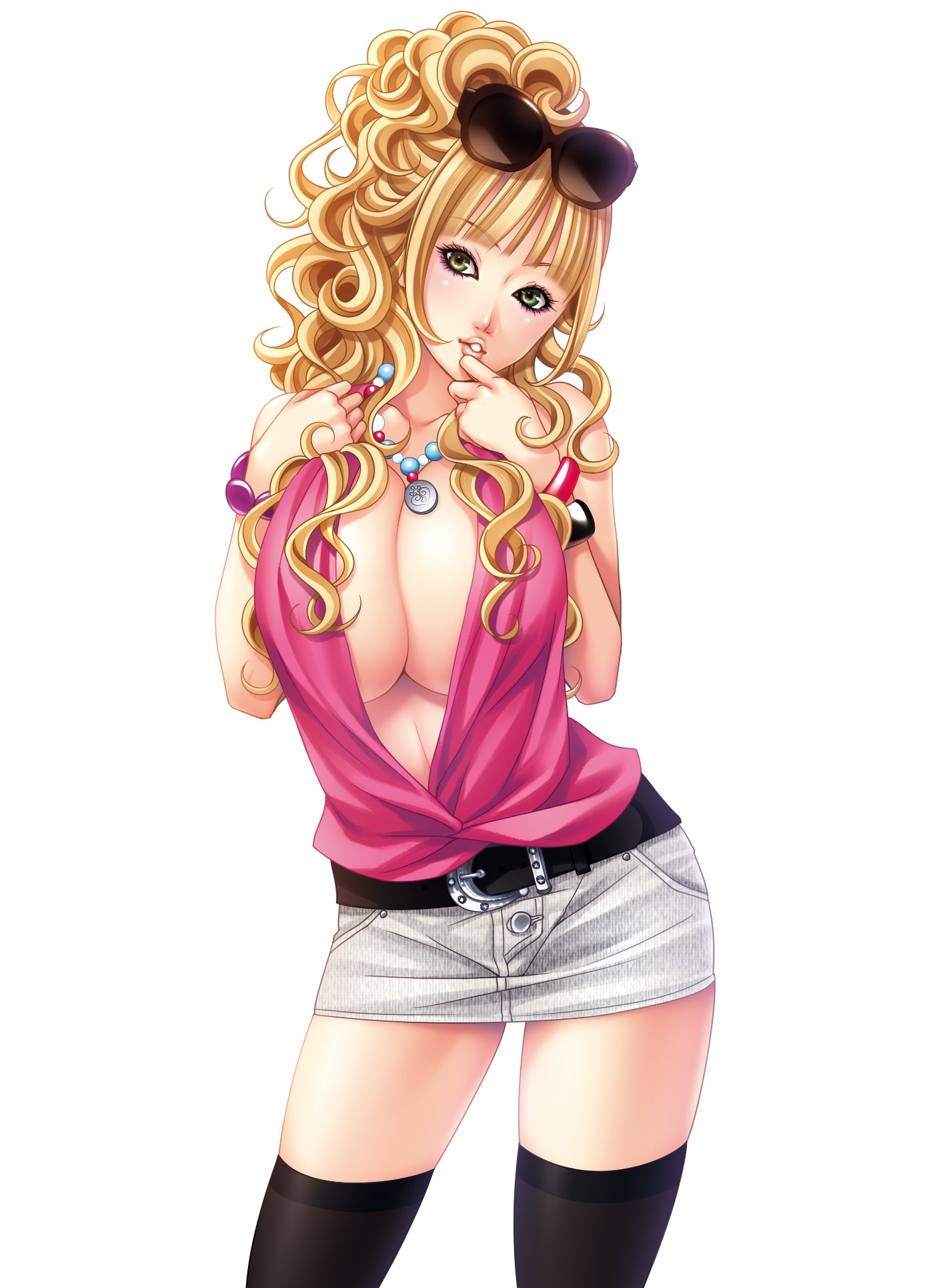 momoi komomo, original, bad id, bad pixiv id, highres, 1girl, bare shoulders, belt, black thighhighs, blonde hair, blouse, bracelet, breasts, breasts squeezed together, cleavage, curly hair, denim, denim skirt, eyeshadow, fashion, female focus, green eyes, gyaru, hime gyaru, huge breasts, jewelry, kogal, lipstick, long hair, makeup, miniskirt, necklace, no bra, pencil skirt, shirt, shorts, skirt, solo, sunglasses, thighhighs