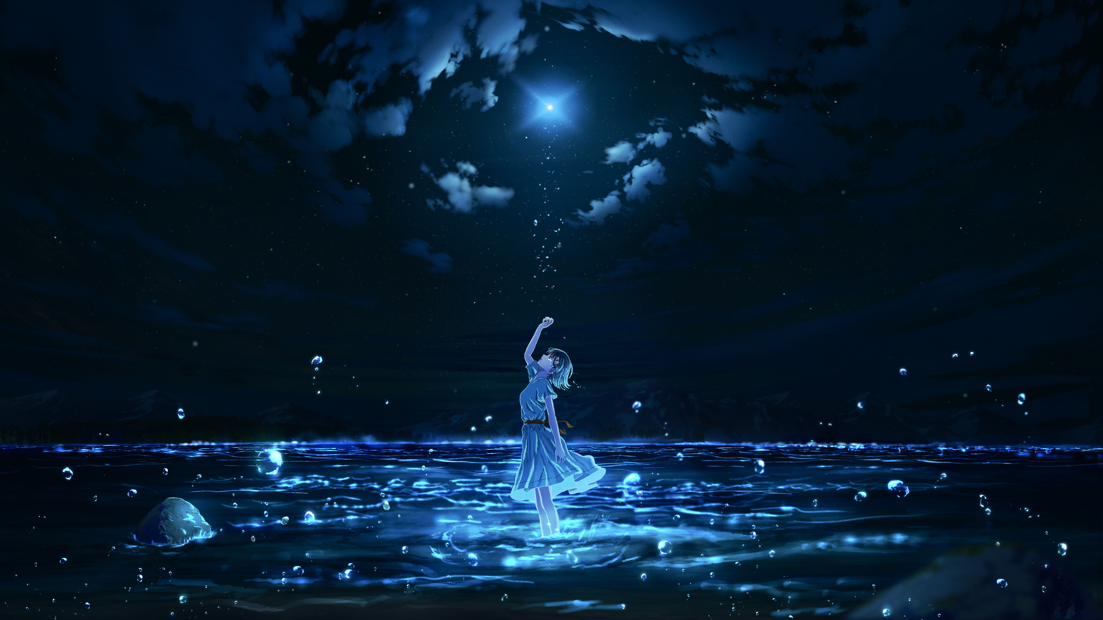 apuchi tochi, original, absurdres, commentary request, highres, 1girl, arm up, blue theme, cloud, crying, crying with eyes open, dress, dress ribbon, from side, hair ornament, horizon, looking up, medium hair, monochrome, night, night sky, ocean, outdoors, scenery, short sleeves, sky, sky focus, solo, star (sky), star (symbol), star hair ornament, tears, wading, water, water drop