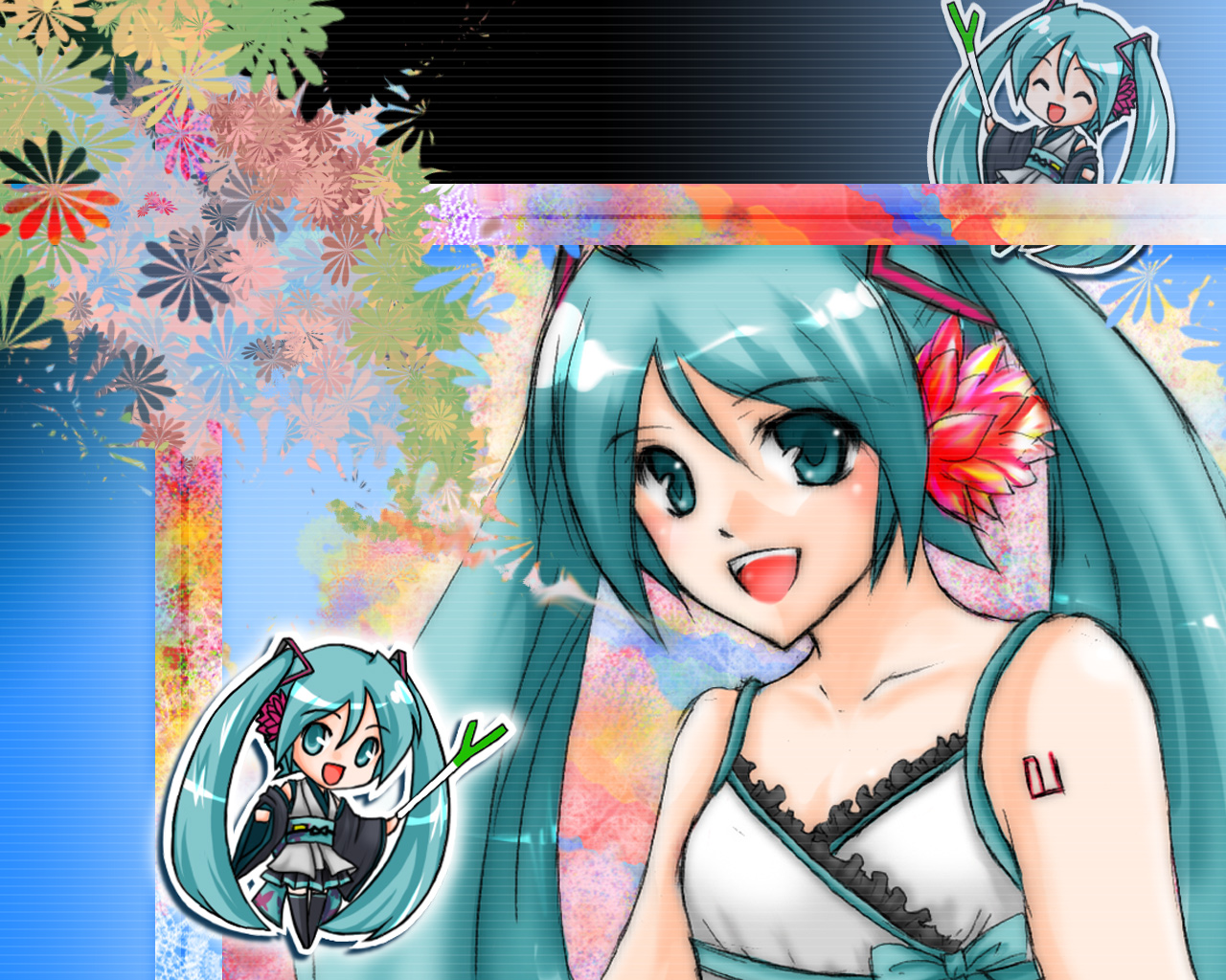 hatsune miku, vocaloid, 1girl, chibi, dress, female focus, green hair, headphones, sleeveless, solo, thighhighs, twintails
