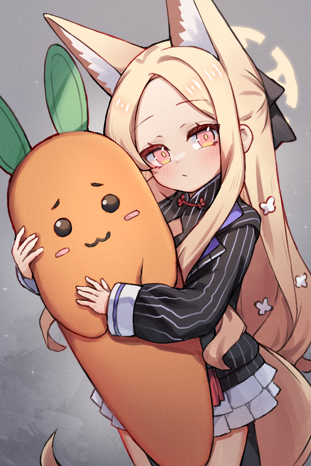 miya (miyaruta), kokona (blue archive), seia (blue archive), blue archive, commentary, english commentary, highres, 1girl, animal ear fluff, animal ears, blonde hair, closed mouth, cosplay, fox ears, fox girl, fox tail, halo, kokona (blue archive) (cosplay), long hair, looking at viewer, pink eyes, solo, stuffed carrot, tail, yellow halo