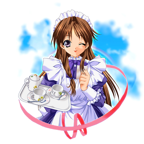 hinoe riho, original, apron, brown hair, cup, long hair, maid, maid apron, one eye closed, solo, teacup, teapot, tray, wink