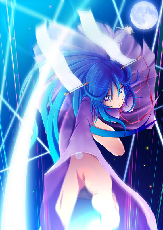 kazuna, sohee, kara no kyoukai, ragnarok online, 1girl, blue eyes, blue hair, breasts, covered erect nipples, demon, female focus, full moon, glowing, glowing eyes, hanbok, knife, korean clothes, matching hair/eyes, medium breasts, moon, parody, solo