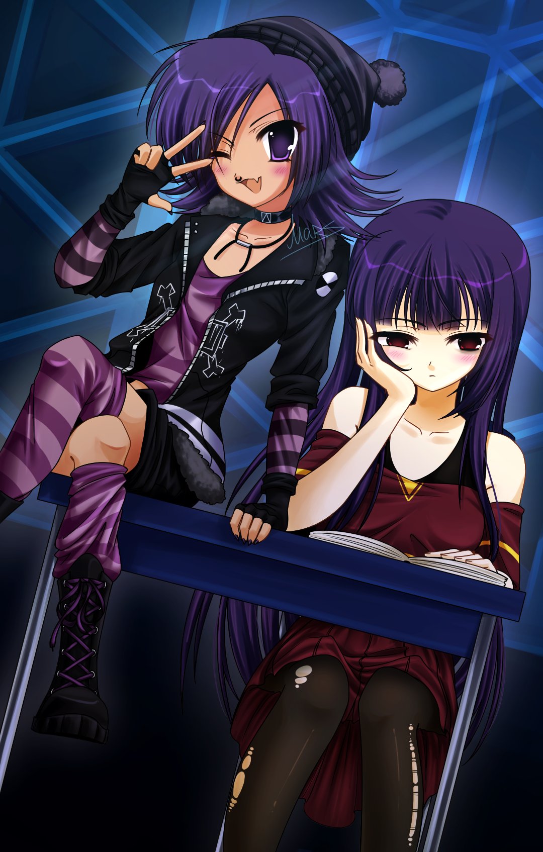 doll (murder drones), uzi (murder drones), glitch productions, murder drones, highres, 2girls, boots, face piercing, fingerless gloves, gloves, hat, humanization, long hair, multiple girls, nose piercing, one eye closed, piercing, purple hair, red eyes, short hair, striped clothes, striped thighhighs, thighhighs, wink