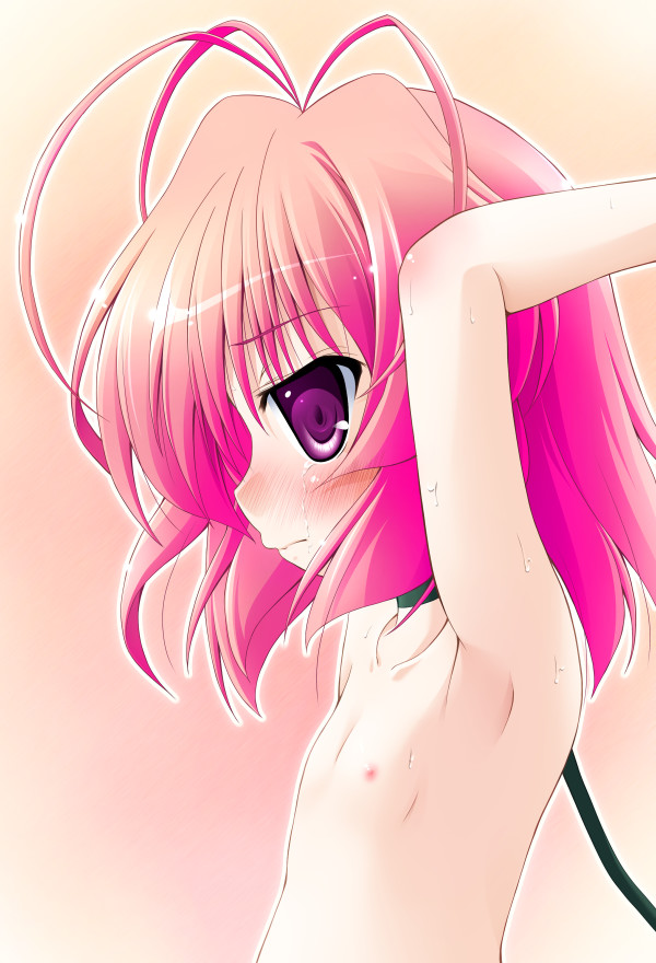 amatsuka fubuki, baby princess, artist request, 10s, 1girl, antenna hair, armpits, blush, female focus, flat chest, leash, loli, nipples, nude, pink hair, purple eyes, short hair, solo
