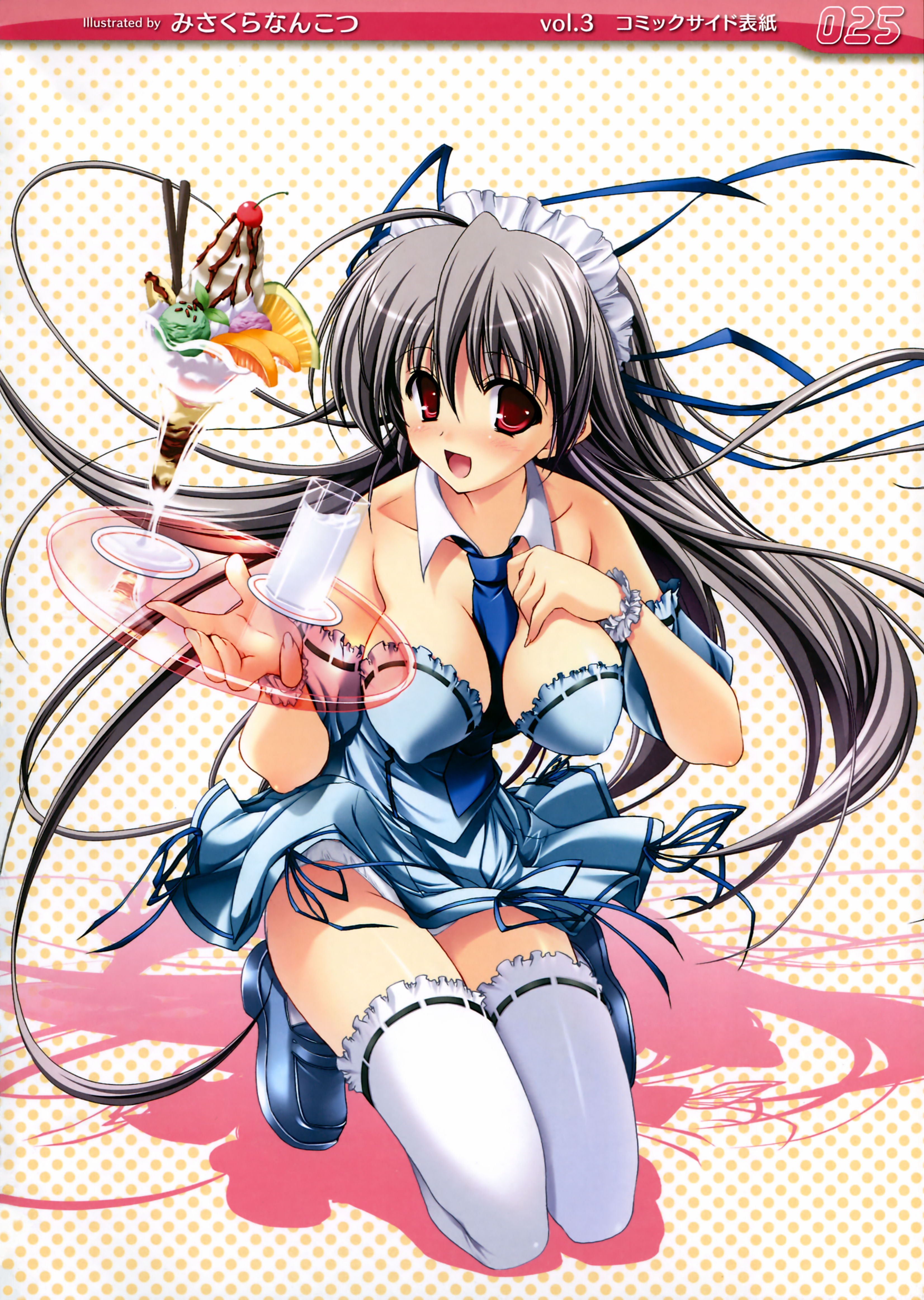 misakura nankotsu, hinata aya, original, absurdres, highres, breasts, grey hair, large breasts, long hair, red eyes, solo, thighhighs, tray, waitress
