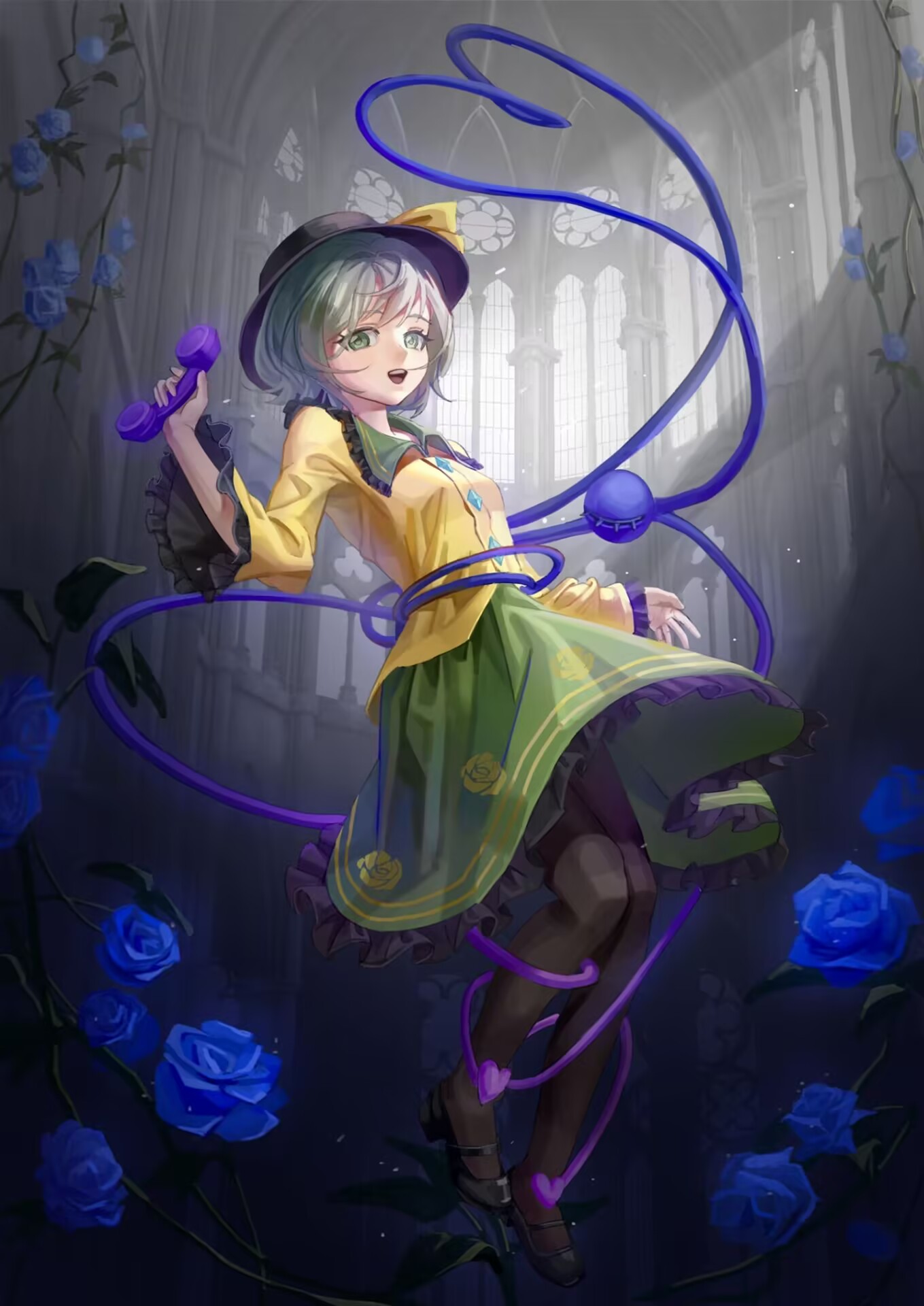 komeiji koishi, touhou, highres, 1girl, arched window, bing guo, black hat, blouse, blue flower, blue rose, bow, buttons, cathedral, church, corded phone, diamond button, eyeball, floating, floral print, flower, frilled shirt collar, frilled sleeves, frills, green eyes, green hair, green skirt, hat, hat bow, hat ribbon, heart, heart of string, holding, holding phone, long sleeves, looking at viewer, open mouth, phone, ribbon, rose, rose print, shirt, short hair, skirt, smile, solo, third eye, wide sleeves, window, yellow bow, yellow ribbon, yellow shirt