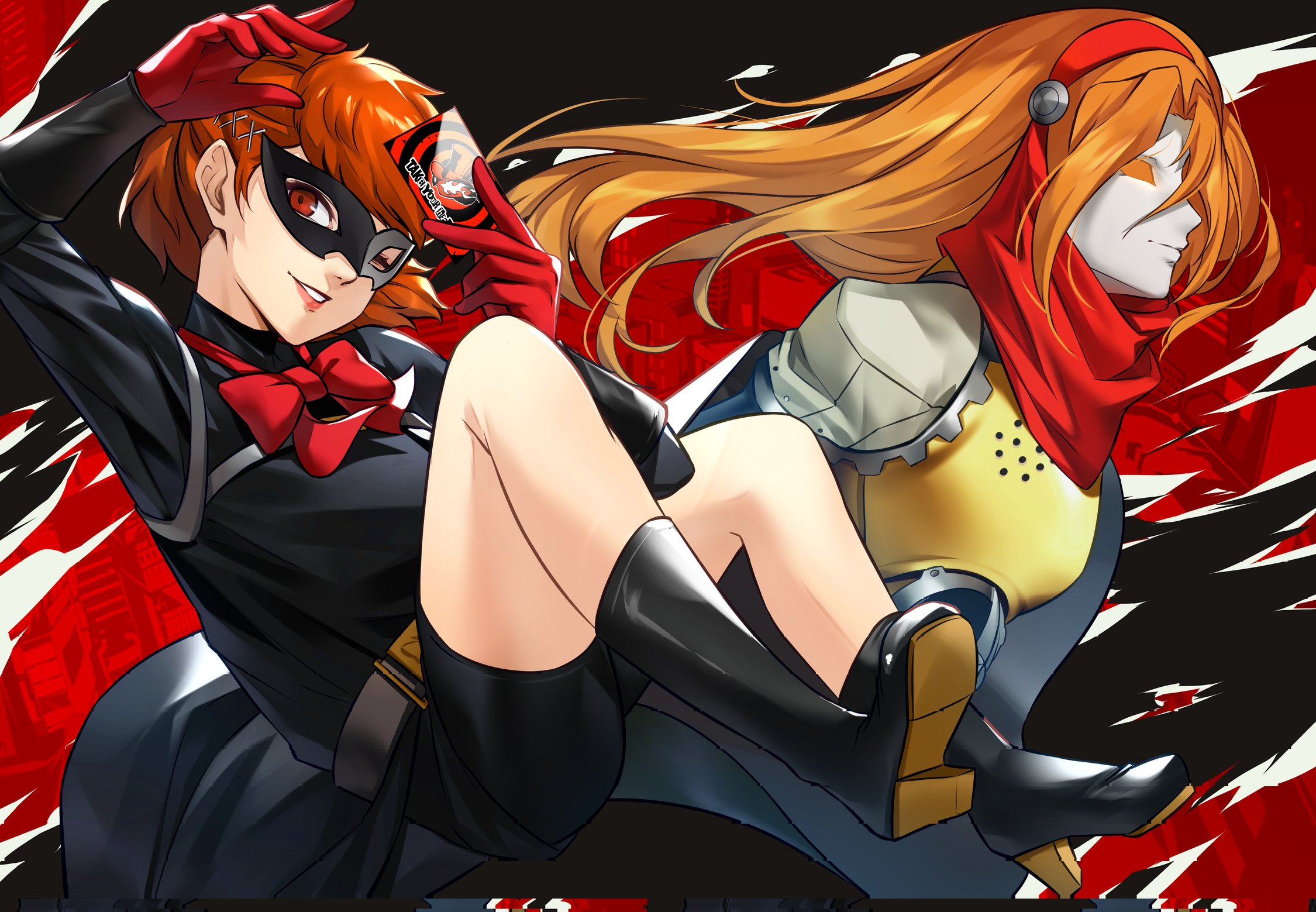 wanderstillart, shiomi kotone, persona, persona 3, persona 3 portable, persona 5, commentary, commission, corrupted twitter file, english commentary, highres, second-party source, 1girl, adapted costume, black mask, black shirt, black shoes, black shorts, block heels, bow, calling card, card, domino mask, eye mask, floating, full body, gloves, hair ornament, hairclip, holding, holding card, long hair, looking at viewer, mask, one eye closed, orange hair, orpheus (female) (persona), persona (summon), red background, red bow, red eyes, red gloves, red hair, red scarf, scarf, shirt, shoes, shorts, smile, two-tone background
