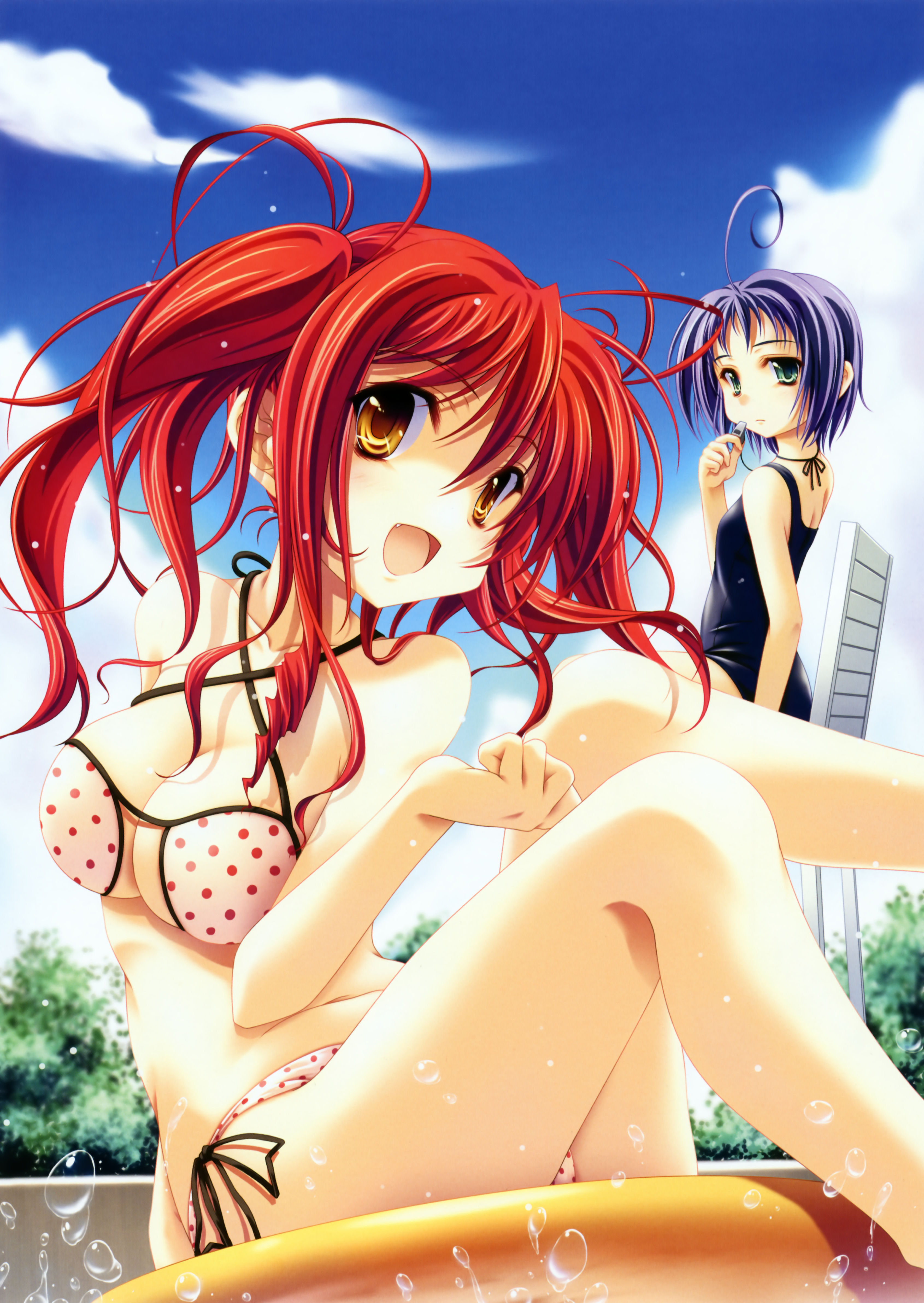 miyama-zero, absurdres, highres, 2girls, bikini, day, green eyes, multiple girls, polka dot, polka dot bikini, polka dot swimsuit, purple hair, red hair, swimsuit, twintails, yellow eyes