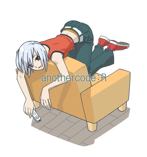 ashley mizuki robbins, another code, another code r, cing, derivative work, vector trace, 1girl, brown eyes, chair, controller, female focus, game console, remote control, short hair, sleeveless, solo, white hair, wii