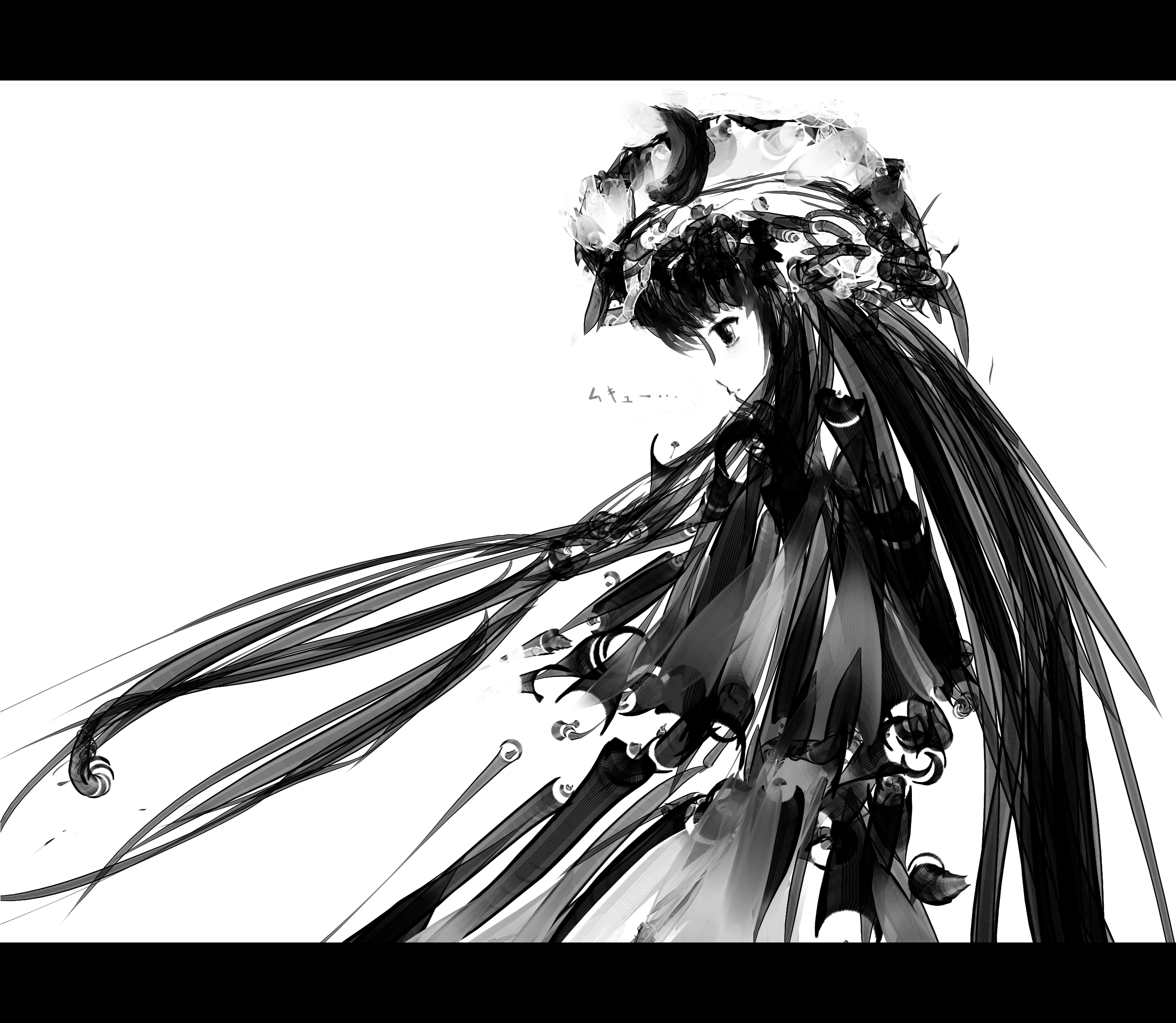 hanuu, patchouli knowledge, touhou, highres, 1girl, female focus, greyscale, letterboxed, monochrome, solo