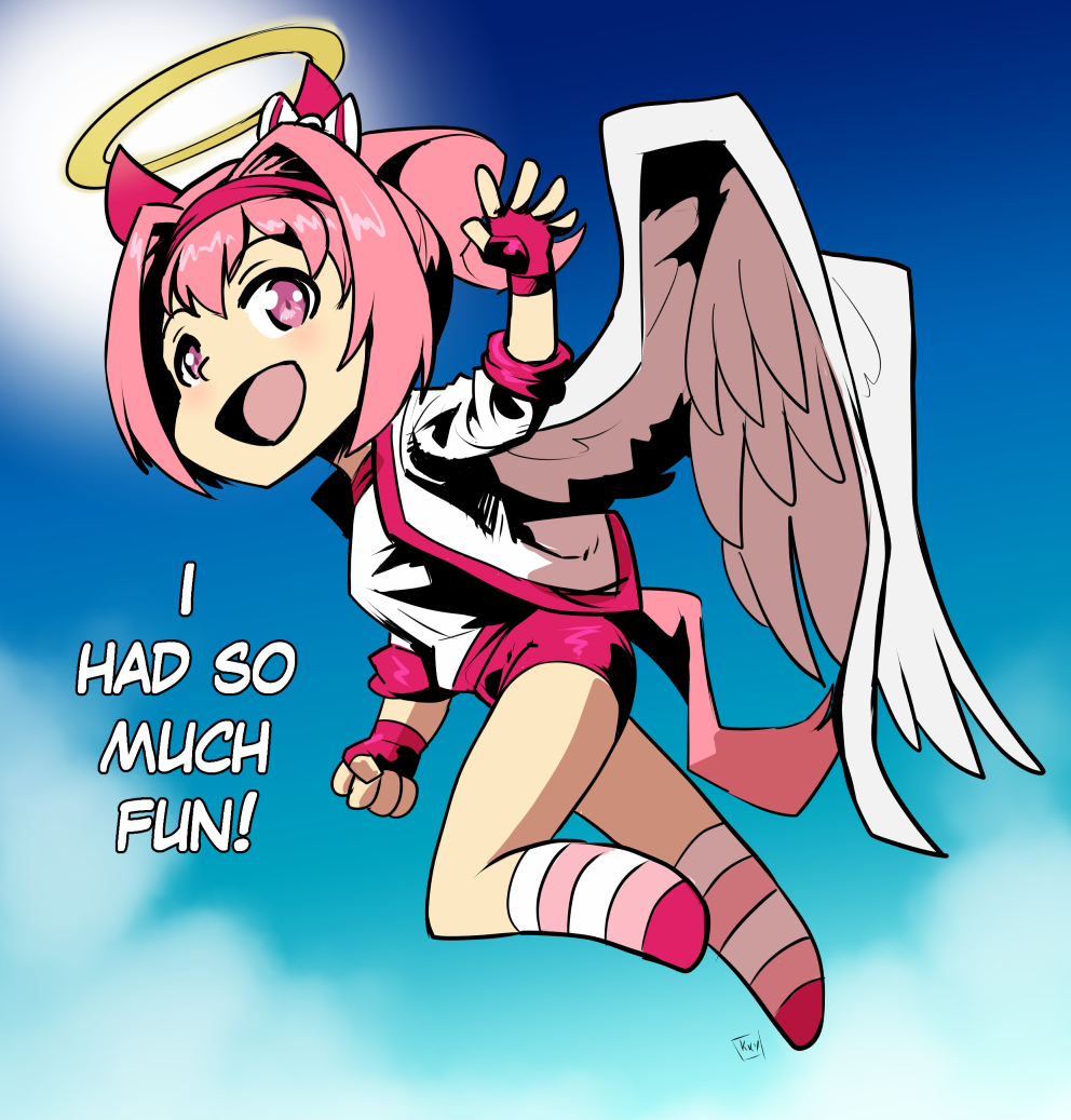 kukuruyo, haru urara (bestest prize) (umamusume), haru urara (umamusume), dragon ball, dragonball z, umamusume, commentary, english commentary, 1girl, angel wings, buruma, english text, fingerless gloves, full body, gloves, gym uniform, hair ornament, hairband, halo, jacket, kneehighs, parody, pink buruma, pink eyes, pink gloves, pink hair, red hairband, shirt, signature, socks, solo, striped clothes, striped socks, t-shirt, waving, white jacket, wings