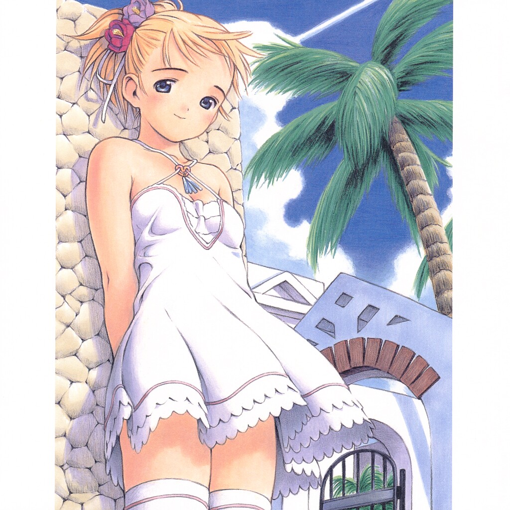 yug (ekaki), 1girl, against wall, bare shoulders, blonde hair, blue eyes, closed mouth, cloud, collarbone, day, dress, female focus, flower, hair flower, hair ornament, hair ribbon, looking at viewer, outdoors, palm tree, ribbon, sky, smile, solo, standing, sundress, thighhighs, tree, zettai ryouiki